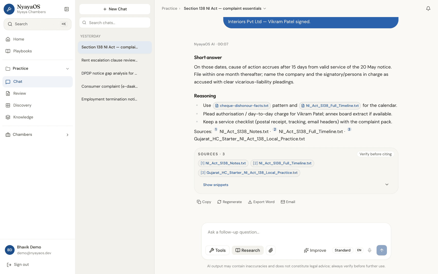 NyayaOS chat answer with workspace chrome