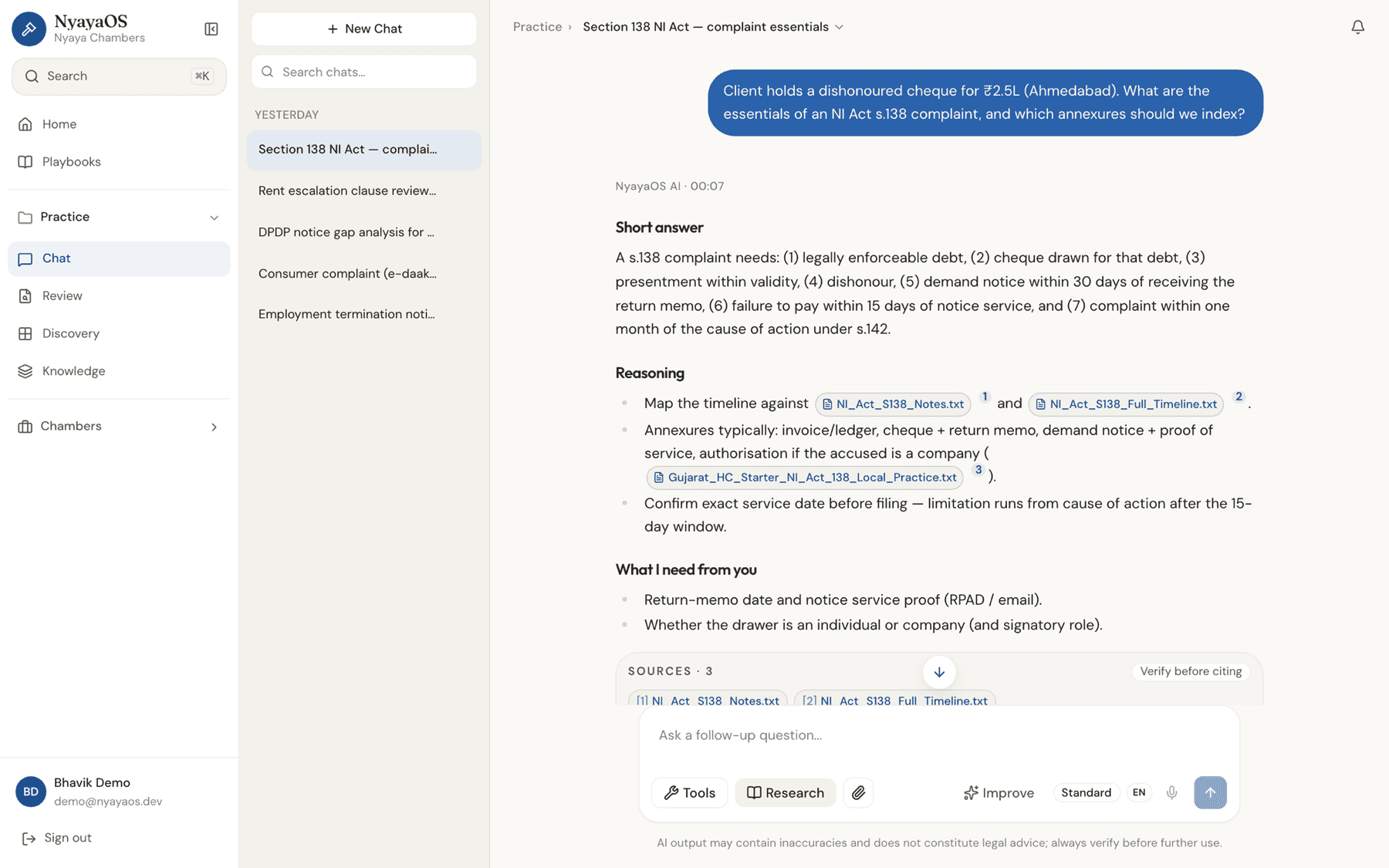 NyayaOS Ask, Draft, and Review workspace